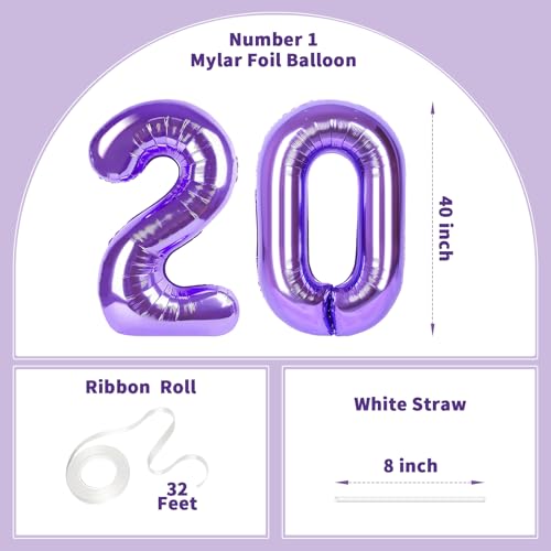 Image of Number Balloons for Birthday Decorations - 40 Inch Large Party Balloons 20, Purple Foil Number Balloons for Boys Girls, Balloons for Party Supplies