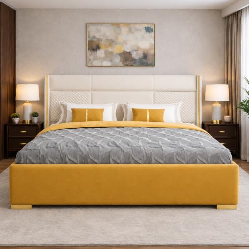 Image of Royal Modern Upholstered Queen Size Bed with Hydraulic Storage for Bedroom | Wooden Double Beds for Home & Hotels | Platform Cot Bed with Upholstery Fabric, 6.5 x 5 Ft | Sheesham, White-Gold