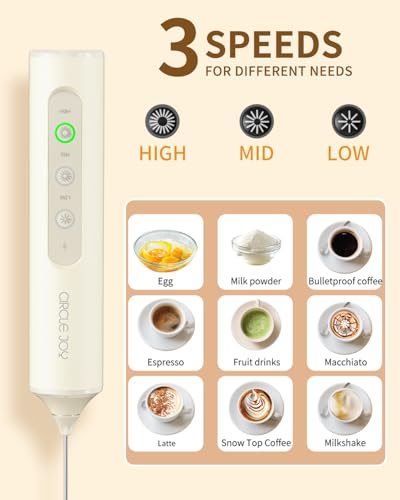 Image of CIRCLE JOY Rechargeable Handheld Milk Frother Wand with Stand, 3 Variable Speeds, 3 Whisks and Storage Box, Electric Drink Mixer for Latte, Cappuccino, Hot Chocolate, Eggs and Protein Powder, Beige