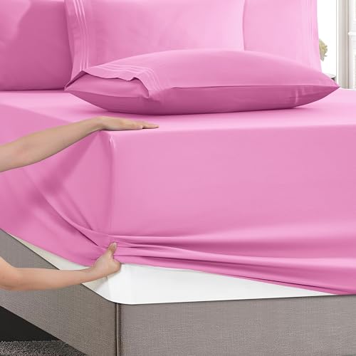 Image of Mocassi Luxury 4-Piece Sheet Set, Ultra Soft 1800 Premium Hotel Quality Microfiber Sheet Set, Fits Mattresses Up to 18 to 24 Inches Extra Deep Pocket - Breathable and Secure Fit, Twin, Light Pink