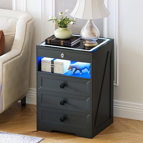 Lvifur Table de Chevet Verrouillable Avec Tiroirs, Chargement par Induction USB et Sans Fil, Table de Nuit Avec 24 Lumières LED Colorées