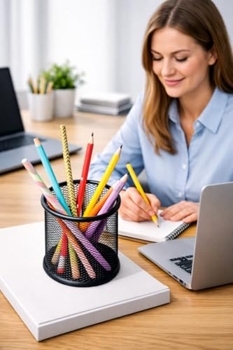 Image of Black Round Mesh Pen Stand - Pencil & Pen Holder for Desk | Multipurpose Stationary Organizer Cup for Office, Home & Study Table | Makeup Brush Holder