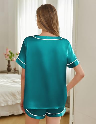 Image of Silk Pajamas for Women Short Sleeve Satin 2 Piece Pj Set Soft V Neck Sleepwear Loungewear, S-XXL