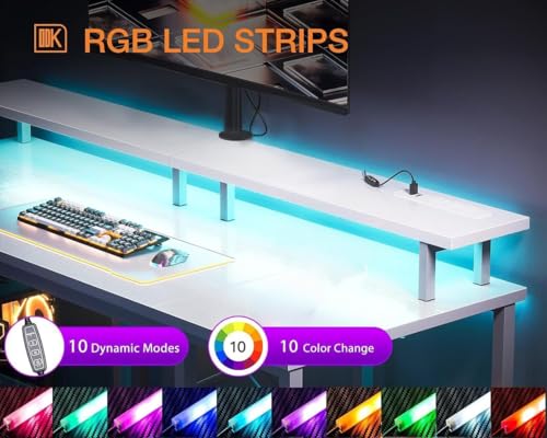 Image of ODK 48 inch Gaming Desk with LED Lights & Power Outlets, Computer Desk with Monitor Stand & Storage Sheves, CPU Stand, Home Office Desk, White