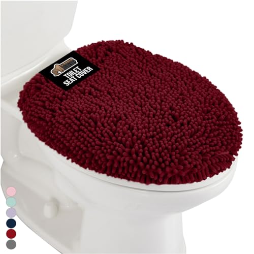 Image of Gorilla Grip Original Shag Chenille Bathroom Toilet Lid Cover, 19.5 x 18.5 Inches Large Size, Machine Washable, Ultra Soft Plush Fabric Covers, Fits Most Size Toilet Lids for Bathroom, Burgundy