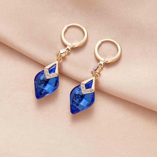 Trendy Austrian Crystal Rhombus Drop Huggie Dangle Earrings for Women 14k Rose Gold Plated Hypoallergenic Jewelry Gifts3