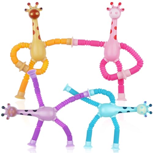 Ainiv 4 Stück Teleskop-Saugnapf-Giraffe-Spielzeug, Sensorisches Giraffen-Spielzeug, Telescopic Suction Cup Giraffe Toy, Lustiges Pädagogisches Stressabbau-Spielzeug für Kinder und Erwachsene