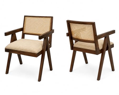 Image of WELL KNOWN Solid Sheesham Wood Arm Chair with Cushion & Cane Back Support | Wooden Armchair for Living Room Bedroom Balcony | Indoor Outdoor Wooden Accent Chair Furniture (Nature Finish)