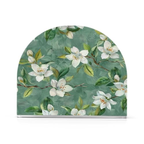 White Magnolia Flowers on Green Napkin Holder for Tables Paper Cocktail Napkin Holders for Kitchen and Dinning, Acrylic Dinner Napkin Dispenser for Restaurant Home Decor Bar Accessories 1 Pack