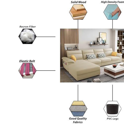 Image of Casaliving Seams LHS 6 Seater L Shape Sofa Set for Living Room (Cream Colour Fabric) Premium Fabric Sofa Set