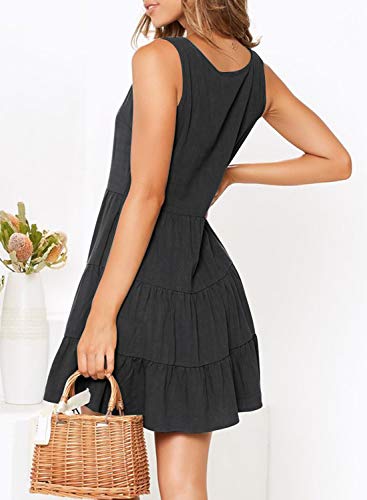 Image of MITILLY Women's Casual T-Shirt Dresses Sleeveless V Neck Button Down A Line Loose Swing Short Dress with Pockets