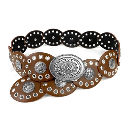 Talent Star Women Belt Round Buckle Wide Eyelets Faux Leather Adjustable Belt Exaggerated Round Shape Hollow Disc Waist Belt Coffee