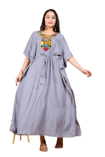 Royal Plum Traditional Hand-Mirror Work Kaftan Maxi(Grey)-image-39