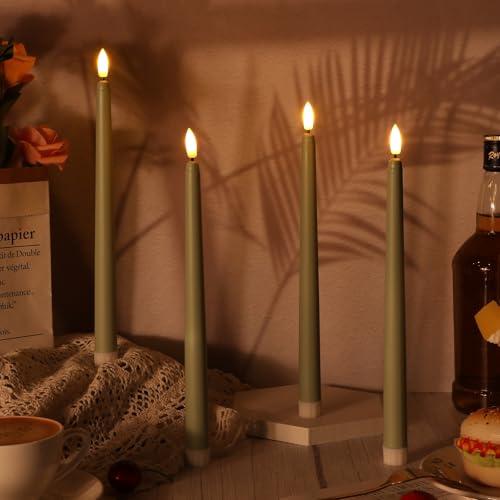 Image of Handepo 48 Pack Flameless Taper Candles Realistic with Flickering Candlelights Plastic 11 Inch Last Long Battery Operated Window Candlestick for Halloween Christmas(Sage Green)