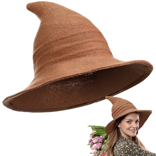 Boyiee Chapéu de bruxa tecido boné de asa larga dobrável chapéu de feltro pontiagudo acessório para disfarce de Halloween para mulher (56-58 cm, caramelo, 1 peça)