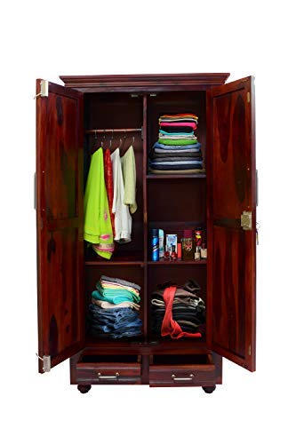 Image of Sheesham Wood Wardrobe with 2 Door and 2 Drawers Storage for Clothes Solid Wood Almari for Living Room Bedroom Home Wooden Furniture