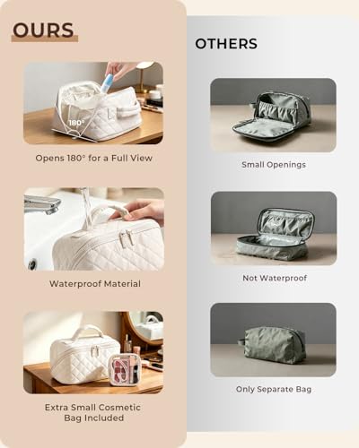 Image of Batfield Makeup Pouch Bag for Women, 2Pcs Waterproof Puffer Set with 180 Flat Open, Travel Large Capacity Makeup Bag for Women with Brush Compartment & Handle for Vacation, Business Trip (White)