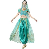 MUNAFIE Aladdin Kostüm Arabisch Bauchtanz Jasmin Prinzessin Pailletten Kostüm Halloween Karneval Partykleidung Grün M