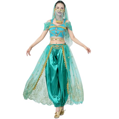 MUNAFIE Aladdin Kostüm Arabisch Bauchtanz Jasmin Prinzessin Pailletten Kostüm Halloween Karneval Partykleidung Grün XL