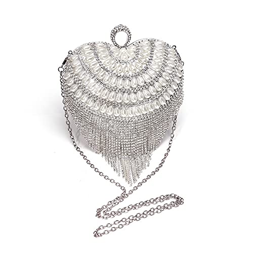 Image of UMREN Women Luxury Heart Shape Tassel Evening Clutch Bag Rhinestones Wedding Party Purse Handbag