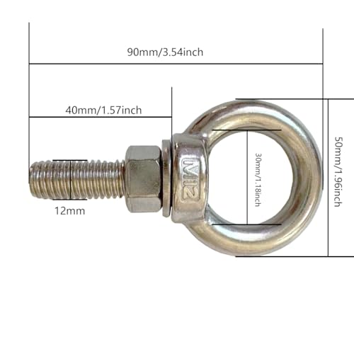 Image of 304 Stainless Steel Shoulder Eye Bolts, 2 PCS M12 Heavy Duty Eye Bolt Lifting Ring 1.6 inch Threaded Eyebolt with Nuts and Flat Washers(Thread Length 40mm) Muti-Function for Indoor Outdoor