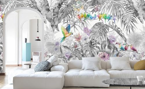 Papel pintado panorámico selva 3D Seda Tropical, 356 x 250 cm Plantas Blanco y Negro Flor, Hoja, Pájaro Loro Grandes Murales Póster para sala de estar, adulto habitación de niños, estudio decoración