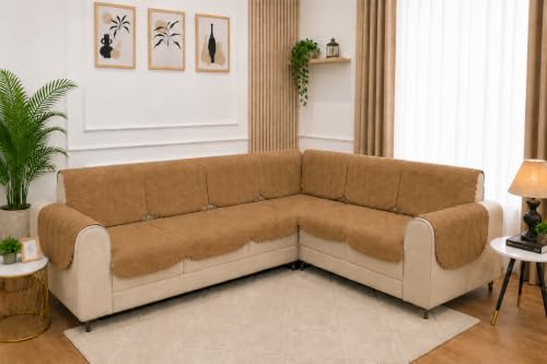 Image of 7 Seater L-Shape Sofa Cover with Arm Covers, Quilted Texture, Sectional Couch Protector for Living Room-Pack of 15 (Golden)