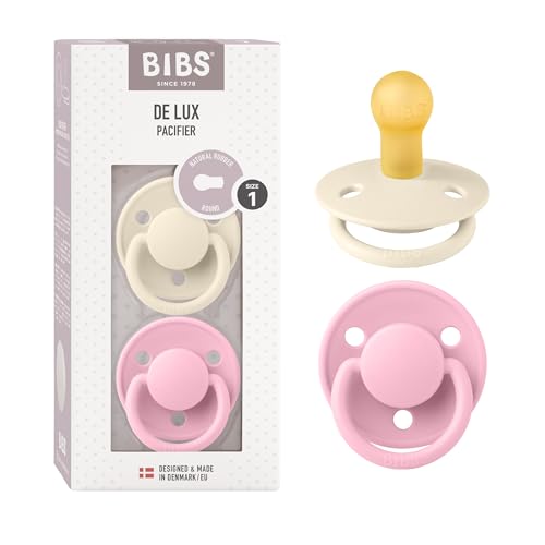 Image of BIBS De Lux Baby Pacifier 2-Pack | Made in Denmark | BPA Free Dummy Soother, Round Nipple. Natural Rubber Latex, Size 1 (0-6 Months), Ivory/Baby Pink