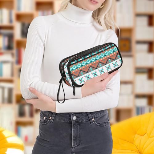 Image of ZAZYXTJ Western Aztec Large Capacity Pencil Case 3 Compartment Pen Pouch Storage Canvas Makeup Bag for School Office Teen Girl Boy Men Women