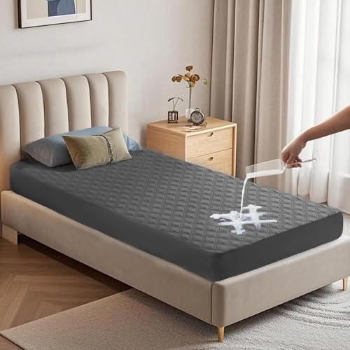BEDLORE 防水·防ダニ ボックスシ一ツ シングル 洗える 無音 通気性よい 敷きパッド一体型ボックスシーツ 使いやすい 耐久性が高い ズレにくい 柔らかく肌に優しい オールシーズン マットレスカバー 中綿 ベッドシーツ 140X200cm グレー