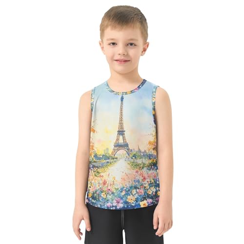 Boys Tank Top Shirts Watercolor Eiffel Tower Floral Sleeveless T-Shirts Crew Neck for Kids Clothing Children2