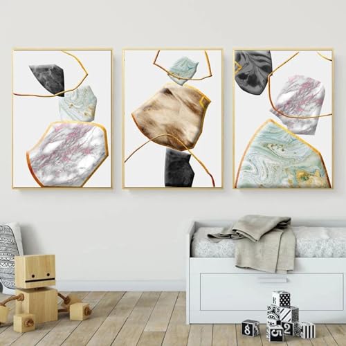 Art abstrait pierre dorée sur toile ICOMPY 3 panneaux 40x60 cm décoration salon