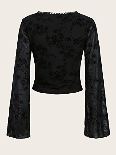 Floerns Women's Floral Print Flare Sleeve Lace Trim Mesh Crop Top Tee Shirts2