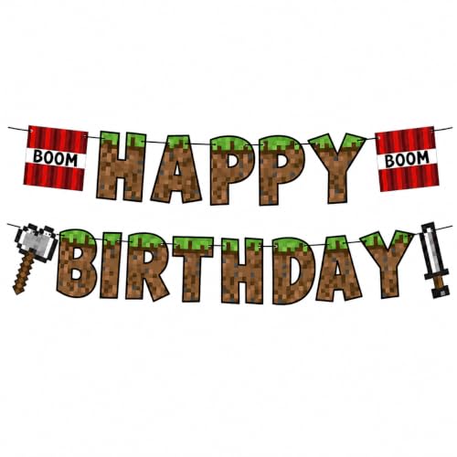 Pixel Style Happy Birthday Banner – No DIY – Pre-Strung Video Game Themed Garland with TNT, Pickaxe & Sword – Gaming Party Decoration Supplies for Boys, Kids, Teens