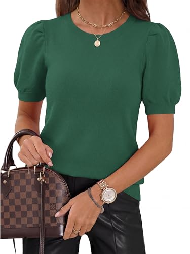 Image of PRETTYGARDEN Womens Sweaters Spring 2026 Summer Puff Short Sleeve Sweater Trendy Cute Knit Work Blouses Business Casual Tops
