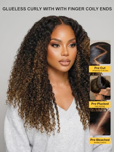 Image of Sunber Black to Chestnut Brown Ombre Curly Human Hair Glueless Wig With With Finger Coily Ends Bye Bye Knots Pre Cut 7X5 Lace Front Drawstring Wig Burmese Curly Wigs Pre Plunked Invisible Knots 24Inch