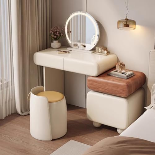 Moderno juego de tocador de maquillaje con espejo y luces, tocador con cajones, taburete tapizado para dormitorio, organizador de maquillaje lateral retráctil