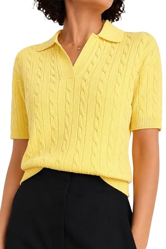 Image of QUALFORT Cable Knit Women's Short Sleeve Sweater Soft V Neck Polo Tops