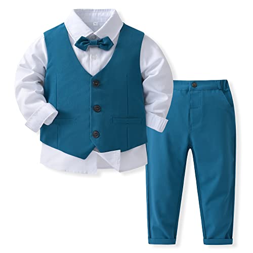 Image of Baby Boys Gentleman Formal Suit Set with Vest, Pant, Shirt, and Bow Tie, Weding 4Pcs Outfit