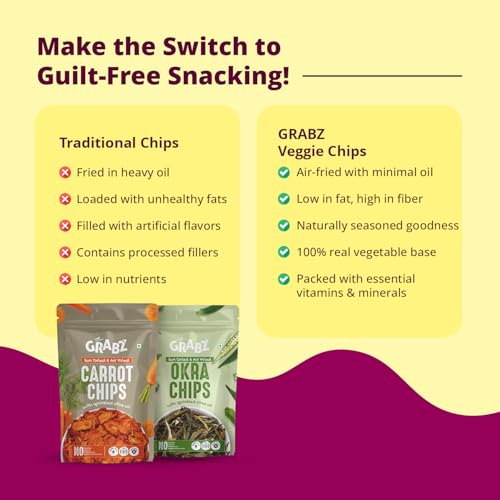Image of GRABZ Crunchy Carrot Chips | Solar-Dried, Air-Cooked | Vitamin-Rich, Low Fat Healthy Snack - 20g Each (Pack of 3)