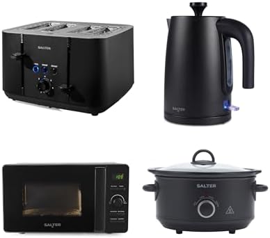 The Salter Kuro 4-piece kitchen appliance set featuring a matte black kettle, toaster, microwave, and slow cooker.
