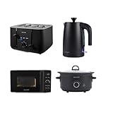 Salter Kuro Kitchen Appliance Set - 1.7L 3KW Jug Kettle, 4-Slice Toaster, 20 Litre Digital Microwave, and 3.5L Electric Slow Cooker, Matching Kitchen Appliance Set, Sleek Matte Black Design