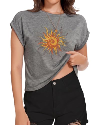 Image of Womens Crop Tops Summer Roll Cap Sleeve Cropped Tshirt Loose Fit Basic Tees