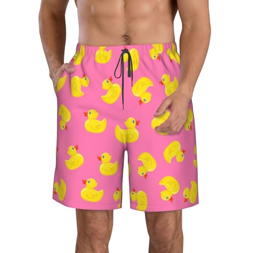 GONGTAOMO Yellow and Pink Duck Men's Board Shorts - Quick-Dry Polyester, Regular Fit, Drawstring Waist, 2 Side Pockets, S-XL