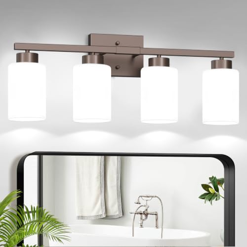 Image of IZORRO Bathroom Light Fixtures, Modern Vanity Lights, Bathroom Lighting Fixtures Over Mirror with Milky White Shade, Wall Sconce for Living Room Cabinet Bedroom (Oil Rubbed Bronze, 4-Light)