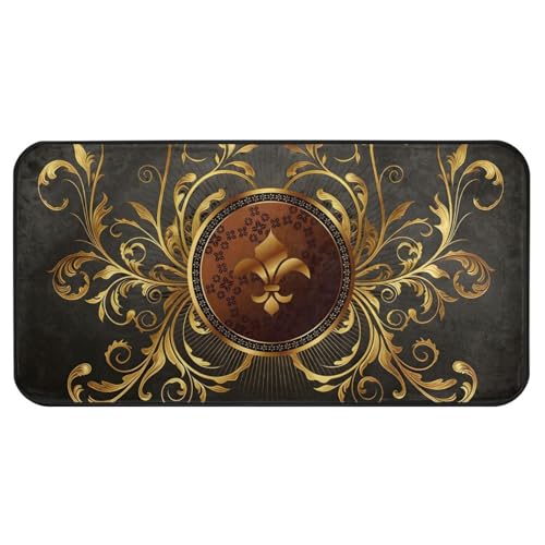 Kitchen Rug Mats 39X20 Inch Gold Vintage Fleur De Lis Soft Doormat Bath Rugs Runner Non-Slip for Home Decor