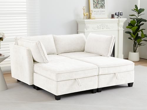 Image of ORRD Sleeper Modular Sectional Sofa Set, Convertible Couch Bed with Storage, 4 Seater and 2 Armrestes Sofa Modular for Living Room, Office (Beige)