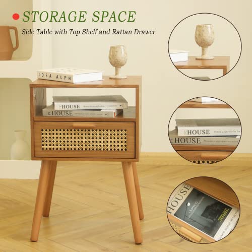 Maxsmeo Mid Century Modern Nightstand With Drawer, Small Nightstand Bedside Table, Brown Rattan Nightstand, Wood End Table For Bedroom, Living Room (Brown) #TOP3