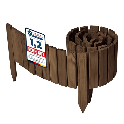 Garronda Beeteinfassung Holz Rollzaun Holzzaun 20 cm x 200 cm imprägniert Flexibler Rollborder Rasenkante Palisade Gartenzaun Umzäunung für Garten GD-0149, Dunkelbraun