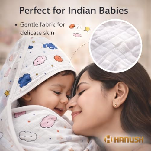 Image of HANUSH 100% Muslin Cotton Baby Hooded Towel 75x75 cm - Double Layer Soft Newborn Bath Wrap, Organic Muslin Bath Towel for Infants & Babies (Unisex, Elephant & Cloud Print)